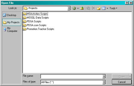Open File dialog showing script folder shortcuts